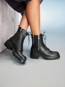 CUCCOO GRLICON Botas de plataforma con puntera redonda, decoración de hebilla plateada, cómodas y de estilo fashion, adecuadas para uso diario, fiestas, Halloween, Navidad - Negro - Ver 4