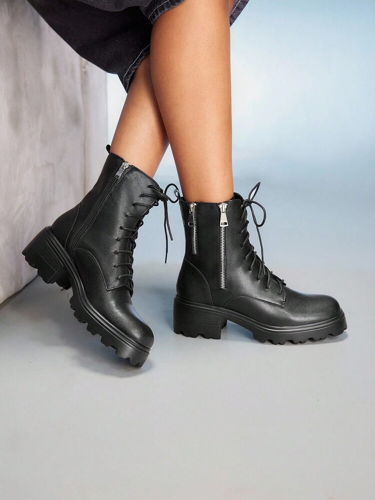 CUCCOO GRLICON Botas de plataforma con puntera redonda, decoración de hebilla plateada, cómodas y de estilo fashion, adecuadas para uso diario, fiestas, Halloween, Navidad - Negro - Añade 4