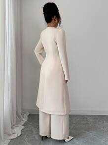 Elenzga Bộ 2 áo dài tay cài nút phía trước màu trơn và quần dài thanh lịch - Màu be - Xem 2