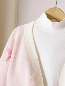 Tween Girls Cardigan Sweater, Starfish Jacquard Pattern, Pink, Suitable For Autumn, Winter, Spring, Layering With Skirts - Pink - View 3