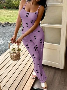 SHEIN 女士心形印花针织吊带背心和休闲裤睡衣套装，四季舒适 - 紫色 - 查看 6