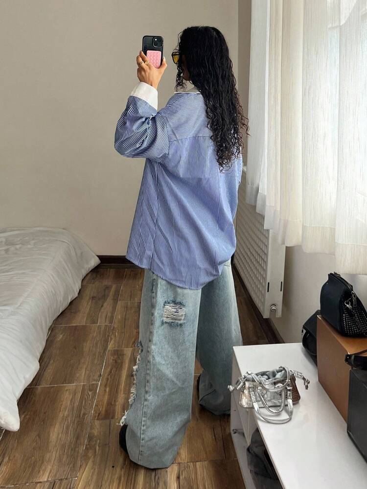 StreetHx 女士落肩长袖宽松休闲百搭条纹拼布衬衫 - 藍色 - 查看 2