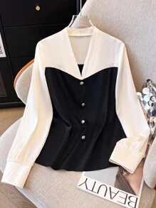 Franclia Women's Elegant Detailed V-Neck Long Sleeve Contrast Color Button Decorated Blouse, Spring/Autumn Fall Cloth For Women - Multicolor - View 7