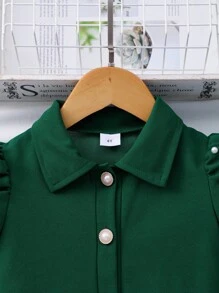 Elladie kids 年轻女孩纯色领泡泡袖开衫夏季可爱连衣裙配迷你包 - 墨綠色 - 查看 6