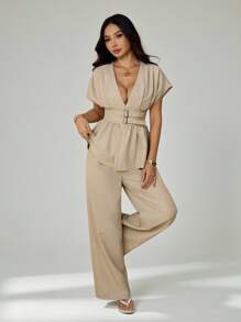 SHEIN PETITE Bộ đồ đi làm hàng ngày đơn giản và thanh lịch mới chất liệu tre mơ cổ chữ V hở eo khóa cài áo trễ vai & quần ống rộng ống đứng cạp cao - Màu Khaki - Xem 6