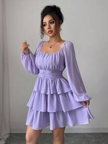 Selianne Đầm suông dáng chữ A, tay lỡ, ngắn, họa tiết bèo nhún, mặc đi chơi, đi nghỉ, tiệc trà chiều, màu trơn, cổ vuông, eo nhún, dáng suông, dáng suông, dáng suông, thời trang xuân/thu/đông cho nữ - Màu tím hoa cà - Xem 5