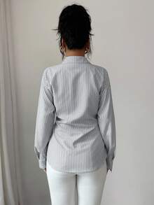 Modelyn 休闲通勤条纹腰长袖衬衫 - 黑色 - 查看 2