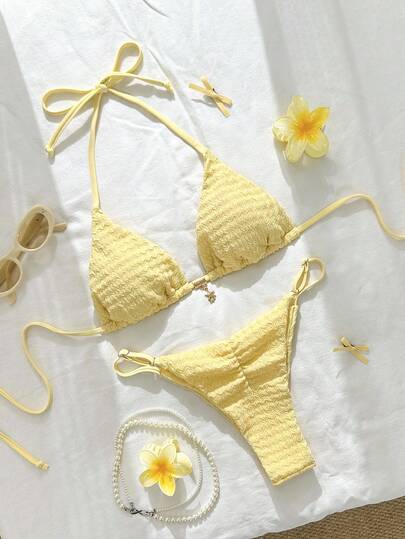 Swim Mod Women's Summer Solid Cream Yellow Jacquard Fabric Star Decor Halter Bikini Set