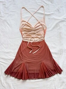Soleia Women's Vacation Spaghetti Strap Mini Dress, Draped Neck, Backless, Bowknot, Fishtail, Sexy Style, Mini Dress, Tea Length, Shopping, Romantic, Date, Beach Outfit, Mesh, Young, Girlish Vacation Dress Sunset Dress Ombre Dress Summer Vacation Dress - Multicolor - View 2