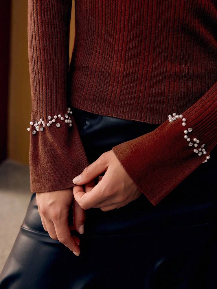 FAUX PEARL & RHINESTONE TRIM SLIM FIT SWEATER KNIT PULLOVER FALL WINTER