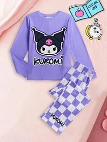 HELLO KITTY AND FRIENDS | SHEIN 2 件套女童可爱卡通格纹圆领长袖上衣和宽松休闲针织裤睡衣套装 - 紫色 - 查看 1