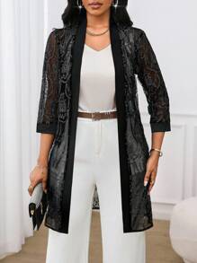 SHEIN Lady Women's Elegant Black Tea Party Cardigan,Shiny Shimmering Filigree Fabric Thin Midi Jacket,Lightweight Autumn Winter Clothes Casual Vacation Simple - White - View 5