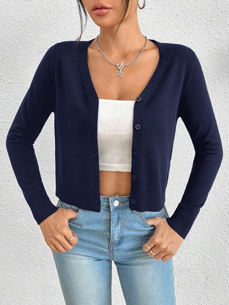 SHEIN PETITE Women's Solid Color Long Sleeve Single-Breasted Casual Thin Cardigan Navy Blue Cardigan In Fall/Winter - Navy Blue - View 6