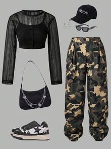 SHEIN Teen Girls Crop Mesh Top & Cami Top & Camo Print Pants - Multicolor - View 3