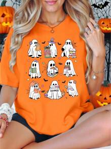 女式简约时尚休闲创意网格书形鬼魂图案印花圆领短袖 T 恤，万圣节 - 卡其色 - 查看 1