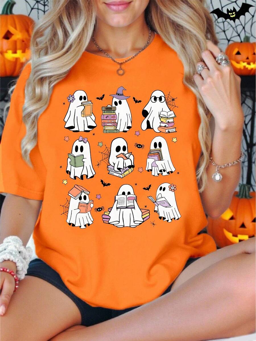女式简约时尚休闲创意网格书形鬼魂图案印花圆领短袖 T 恤，万圣节 - 卡其色 - 查看 1