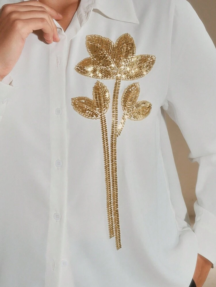 Anewsta Women Plus Size Elegant Long Sleeve Beaded Embroidery Pattern Blouse