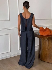 DAZY 2pcs Korean Style Vest & Wide Leg Pants Set, Elegant Lounge Sets For Women Short Sets For Women - Navy Blue - View 3