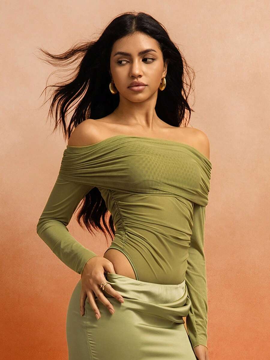 Roylia Green INS Mesh Off Shoulder Fashionable Elegant Sexy Bodysuit - Green - View 1