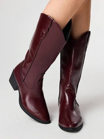 Women's Dark Punk Gothic Boots, Red Pointed Toe V-Cut Western Cowboy Boots, Thick Heel Riding Boots, Halloween