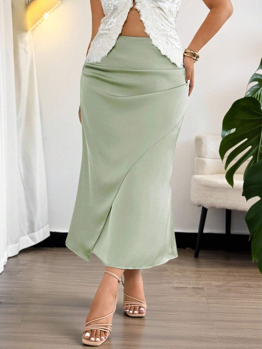 Firerie Plus Size Women Green Satin Mermaid Skirt, Romantic Fitted Back To School Fall
