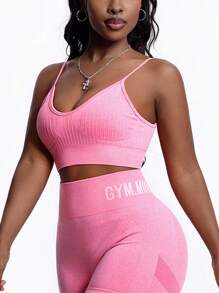 SHEIN Dewbera Women's Solid Color Ribbed Everyday Workout Sports Bra - Pink - View 4