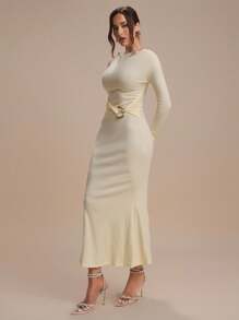 Modelyn Women's Elegant Solid Color Asymmetric Collar Fitted Mermaid Dress - Yellow - View 5