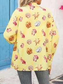 Vivid Eden Buttergelbe Boho Muschel-Muster Langarm Bluse für Frauen, Herbst Urlaub Strand & Alltag Lässig Sommer Blazer, Schulanfang Herbst - Gelb - Übersicht 3