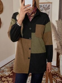 LanaWest 拼色落肩袖燈芯絨大衣 - 彩色 - 查看 1