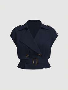 SHEIN MOD Áo gió ngắn không tay vải lanh thanh lịch đa năng màu xanh nước biển cỡ lớn - Màu xanh hải quân - Xem 1