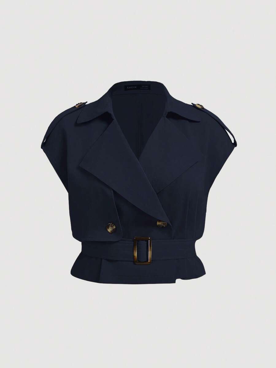 SHEIN MOD Áo gió ngắn không tay vải lanh thanh lịch đa năng màu xanh nước biển cỡ lớn - Màu xanh hải quân - Xem 1