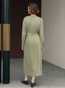 Uhlyne Women's Autumn Minimalist Loose Comfortable Cinched Waist Tie Long Sleeve Casual Commuter Green Linen Dress Shirt Fall Cloth For Women