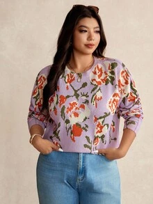 Elaquor 大码优雅简约花卉印花宽松针织套头衫女式曲线衬衫大码花卉毛衣大码女装衬衫大码毛衣大码秋冬上衣 - 紫色 - 查看 6