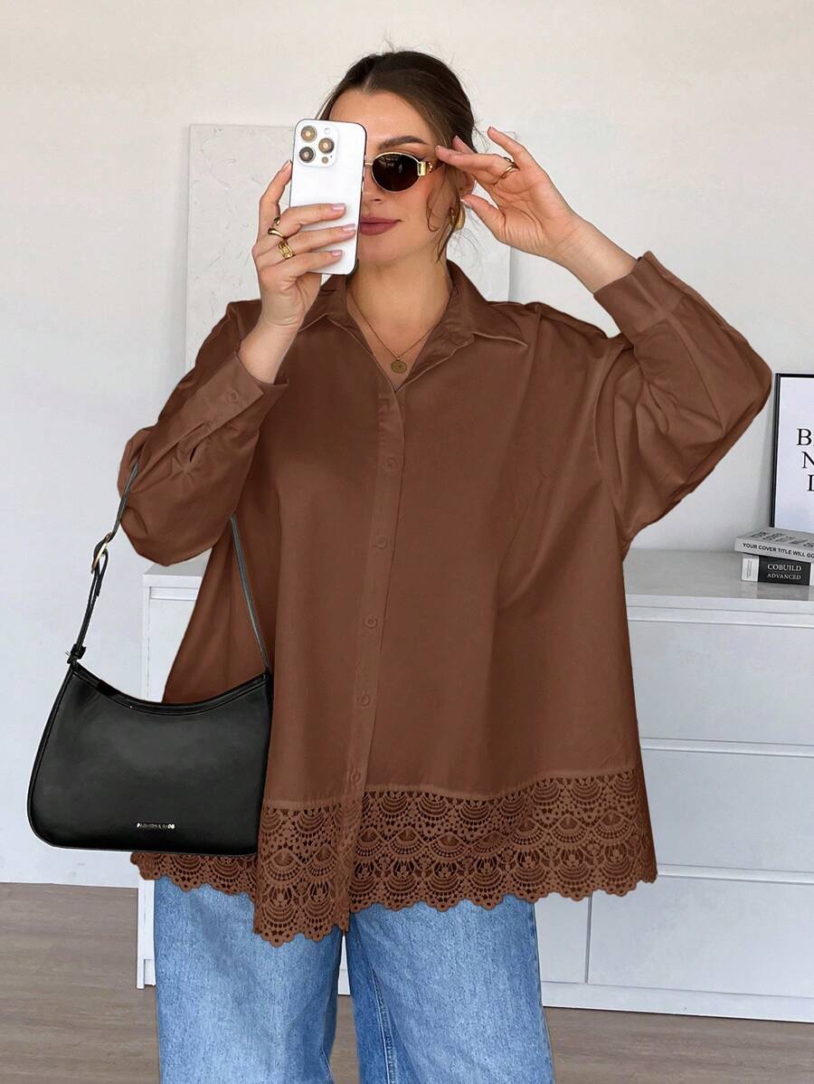 SHEIN Essnce Plus-Size Women Contrast Lace Button Up Blouse, Valentines Autumn Going Out Tops,Spring Rave Festival,Fall Clothes For Women - Brown - View 1