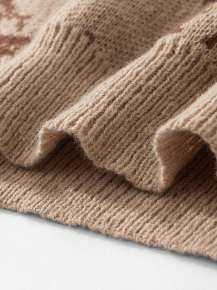 GALLERY FADE Round Neck Knitted Pullover For Men, Soft & Solid Color, Dropped Shoulder, Versatile, Business/Commute Wear, Autumn/Winter Eye Sweater Grunge Sweater Brown Sweater Graphic Sweater Men Knit Sweater Eye Print Sweater Mens Knit Sweater Mens Eye Sweater - Khaki - View 6