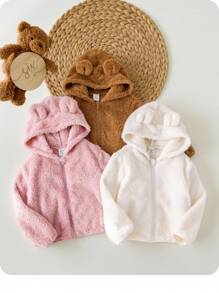 SHEIN 3pcs/Set Baby Girl Warm Plush Zip-Up Hooded Jacket, Autumn/Winter Baby Bear Jacket Baby Girl Teddy Jacket Baby Hooded Jacket Baby Girl Fleece Jacket Baby Warm Winter Jacket Fall - Multicolor - View 1