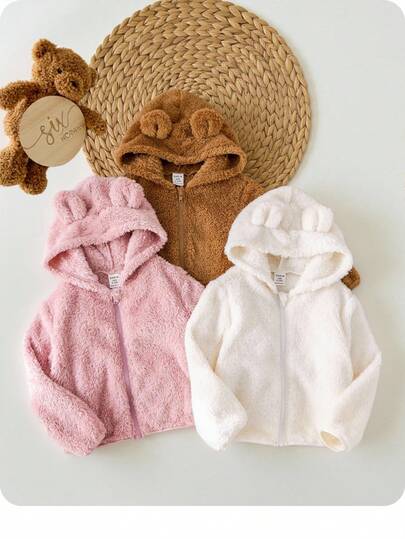 SHEIN Bébé fille Veste capuchonnée en peluche chaude avec zip, automne/hiver