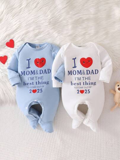 SHEIN 2pcs Newborn Simple Striped Heart & English Letter Print Long Sleeve Long Leg Jumpsuit Home Wear Set Fall Winter