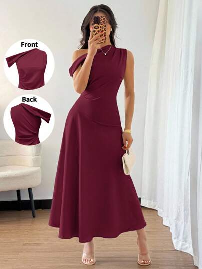 Elenzga 女士优雅奢华正式长裙，不对称领口，荷叶边细节，A 字廓形，拉链开合，酒红色，适合万圣节、圣诞节、国庆节、新年派对、毕业典礼、婚礼、角色扮演