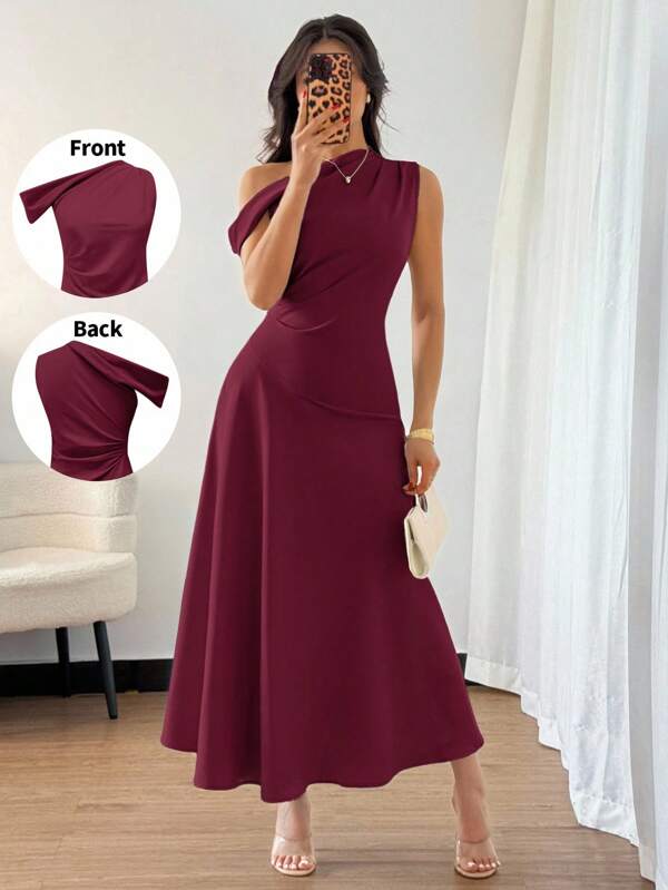 Elenzga 女士优雅奢华正式长裙，不对称领口，荷叶边细节，A 字廓形，拉链开合，酒红色，适合万圣节、圣诞节、国庆节、新年派对、毕业典礼、婚礼、角色扮演