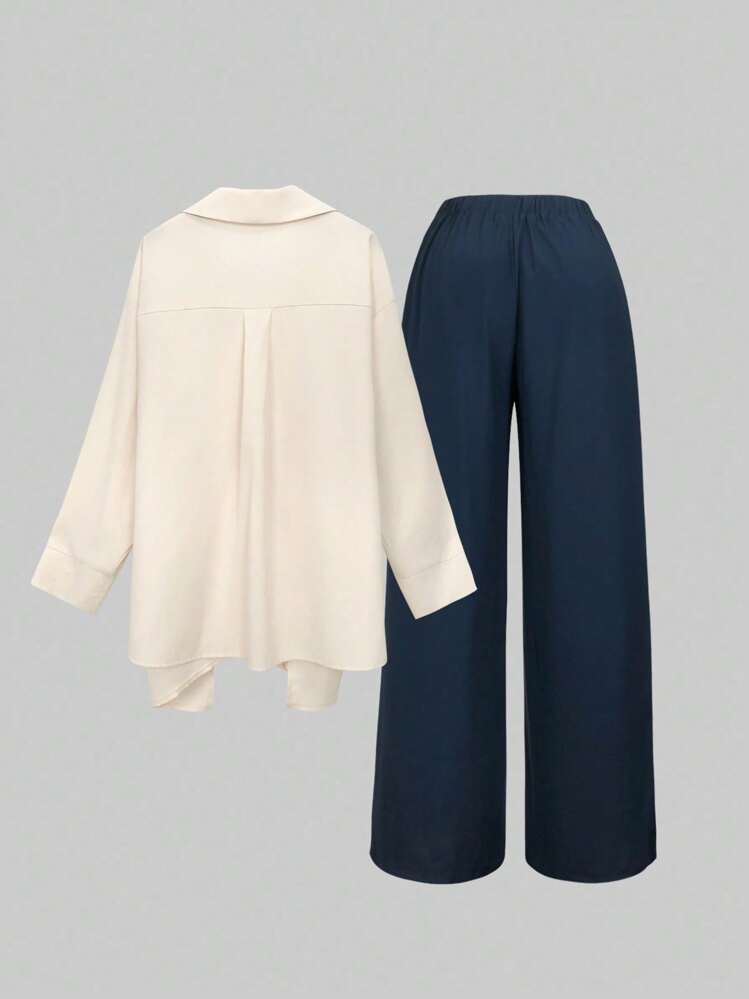 SHEIN LUNE 大码休闲纯色系腰衬衫和裤子 2 件套 - 杏色 - 查看 2