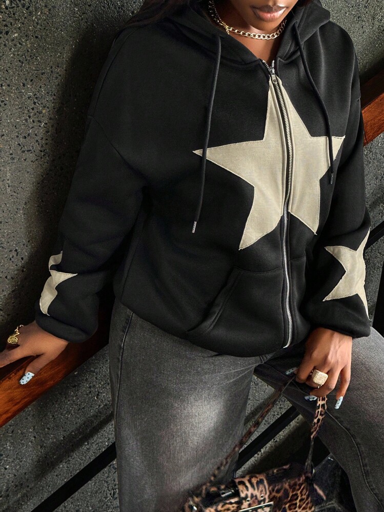 INAWLY Women's Autumn Pentagram Print Drop Shoulder Long Sleeve Zip Front Casual Hooded Sweatshirt,Long Sleeve Top,Graduation,Teacher,Back To School Pullover Fall - Black - View 1