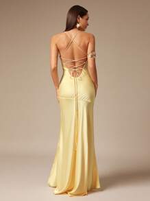Silquee 女式纯色细肩带无袖开衩连衣裙 - 黃色 - 查看 2