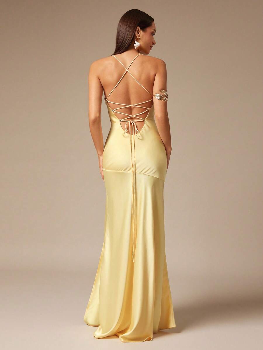 Silquee 女式纯色细肩带无袖开衩连衣裙