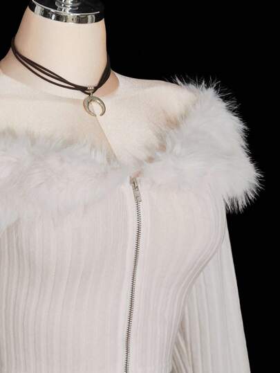 SHEIN ICON Büyük Beden Omuzdan Bağlamalı Tüylü Kesim Kırpılmış Beyaz Ceket, Sonbahar Kadın Giysileri, Sonbahar Kıyafetleri