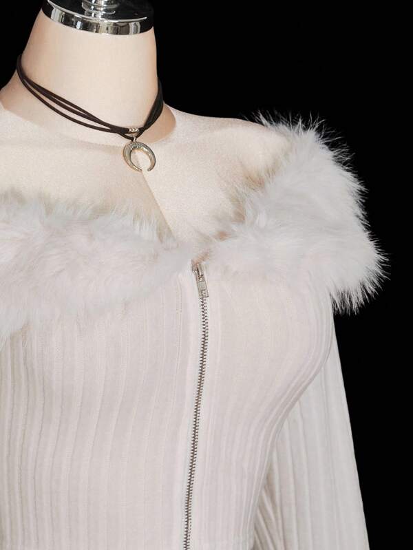 SHEIN ICON Plus Size Off Shoulder Fuzzy Trim Crop White Jacket, Fall Women Clothes,Fall Outfits