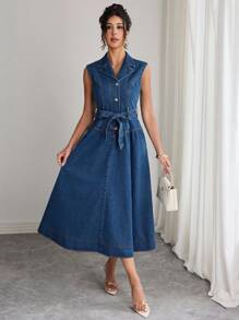 Elenzga 女士休闲无袖牛仔连衣裙，夏季 - 深色水洗藍 - 查看 6