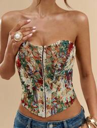 SHEIN BAE Sexy, elegante en romantische strapless top, versierd met textuurrijke bloemenpatronen, geschikt voor herfst en winter, date-avonden, kanten korsetten, korsetten, bovenkleding, feesttops, elegante tops, tops voor bruiloftsgasten, Halloweenkostuums en herfst-/winterlingerie.
