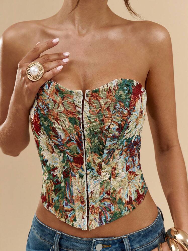 SHEIN BAE 性感、优雅、浪漫的无肩带上衣，饰有纹理花卉图案，适合秋冬季节、约会之夜、蕾丝束身衣、束身衣、外套、派对上衣、优雅上衣、婚礼宾客上衣、万圣节服装以及秋冬内衣穿着。 - 彩色 - 查看 1