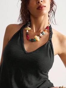 Bohemela Damen Lässig einfarbiges Strick Loose Fit Tank Top, Damen Tank Tops Sommer, Damen Boho Tank Top, Damen Trägertops - Schwarz - Übersicht 7